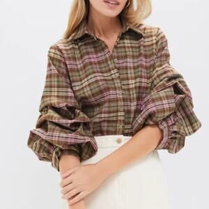 NWT The Seville Shirt by Rochelle Behrens Green Plaid Ruched Sleeve Women Small